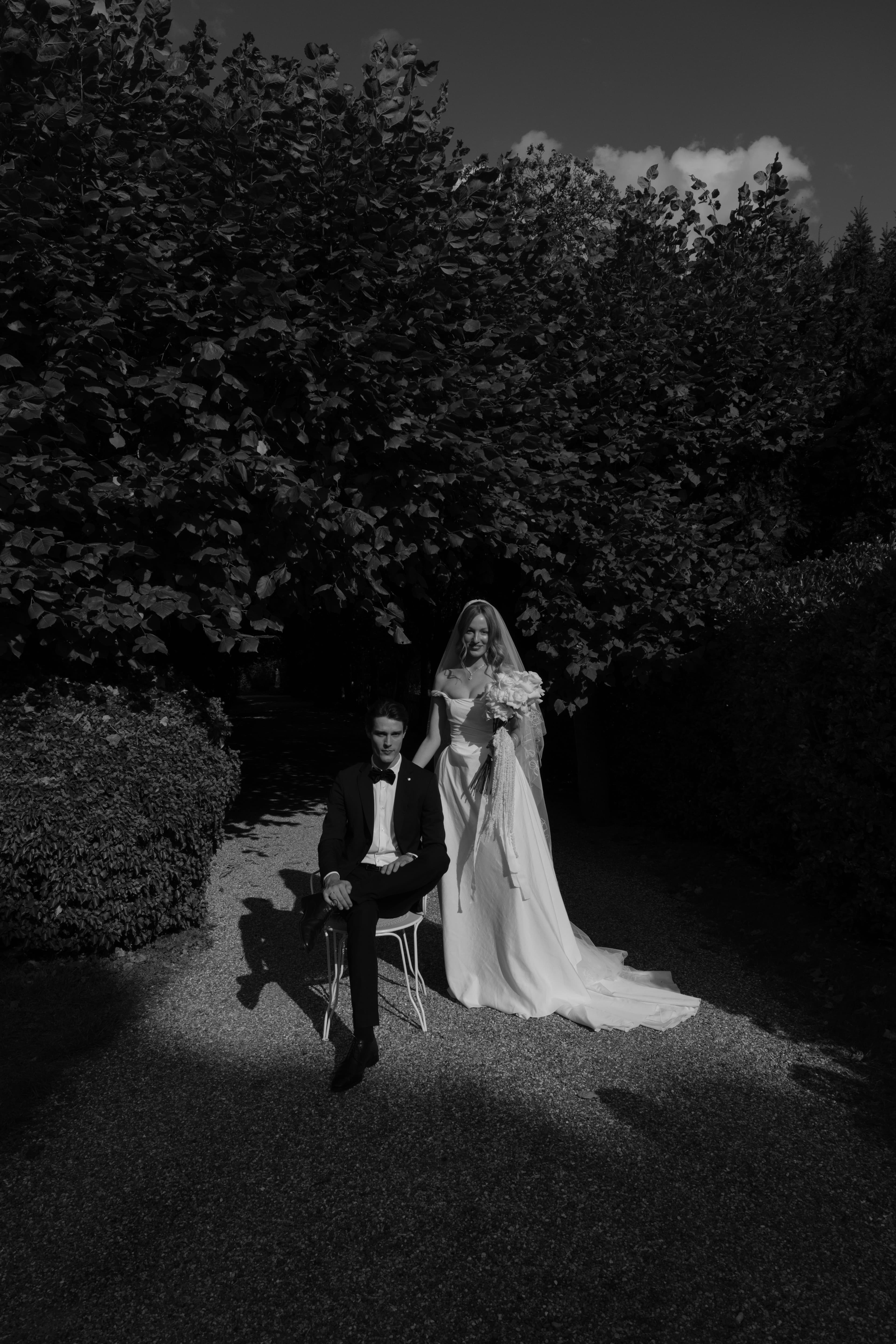 The bride and the groom in the garden