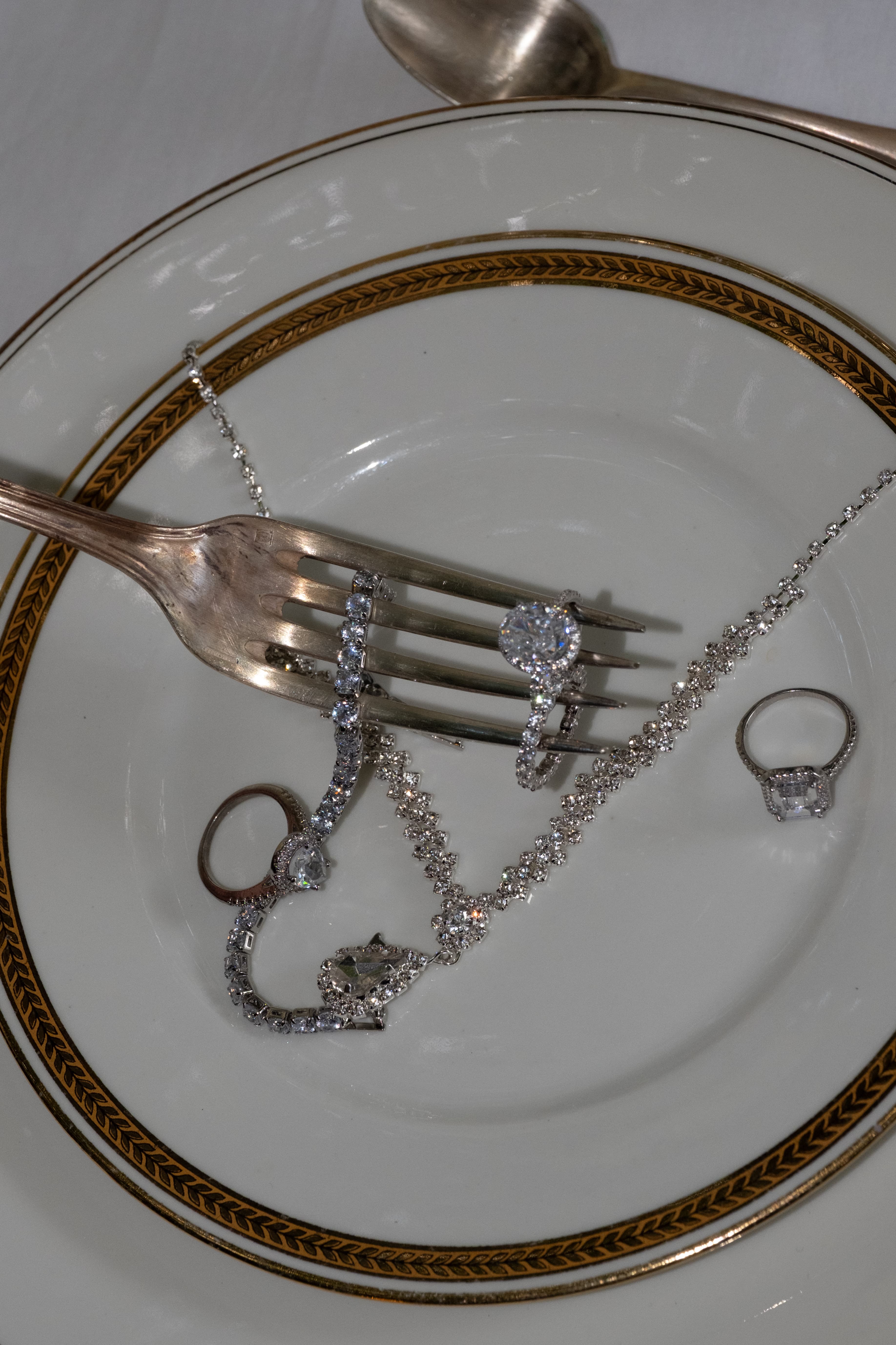 Diamonds and silver on porcelain