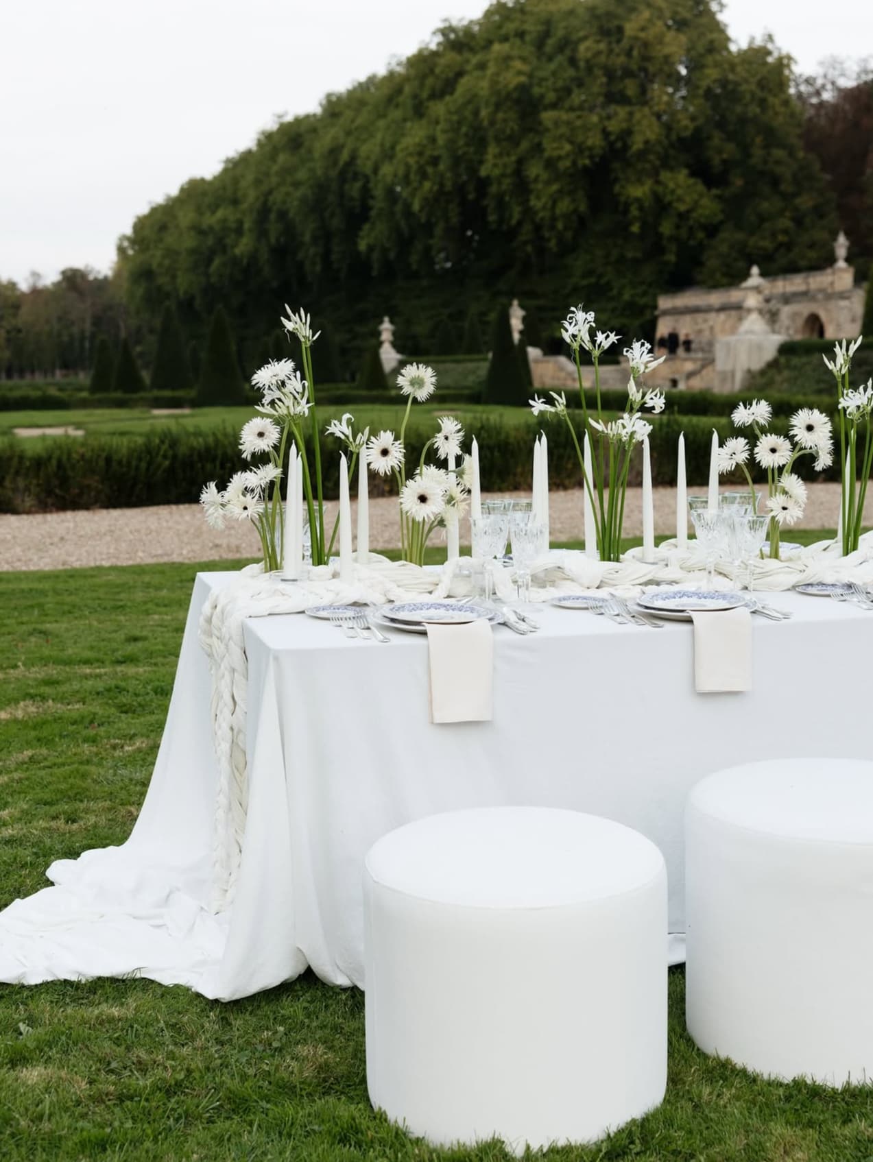 Long white table on the lawn