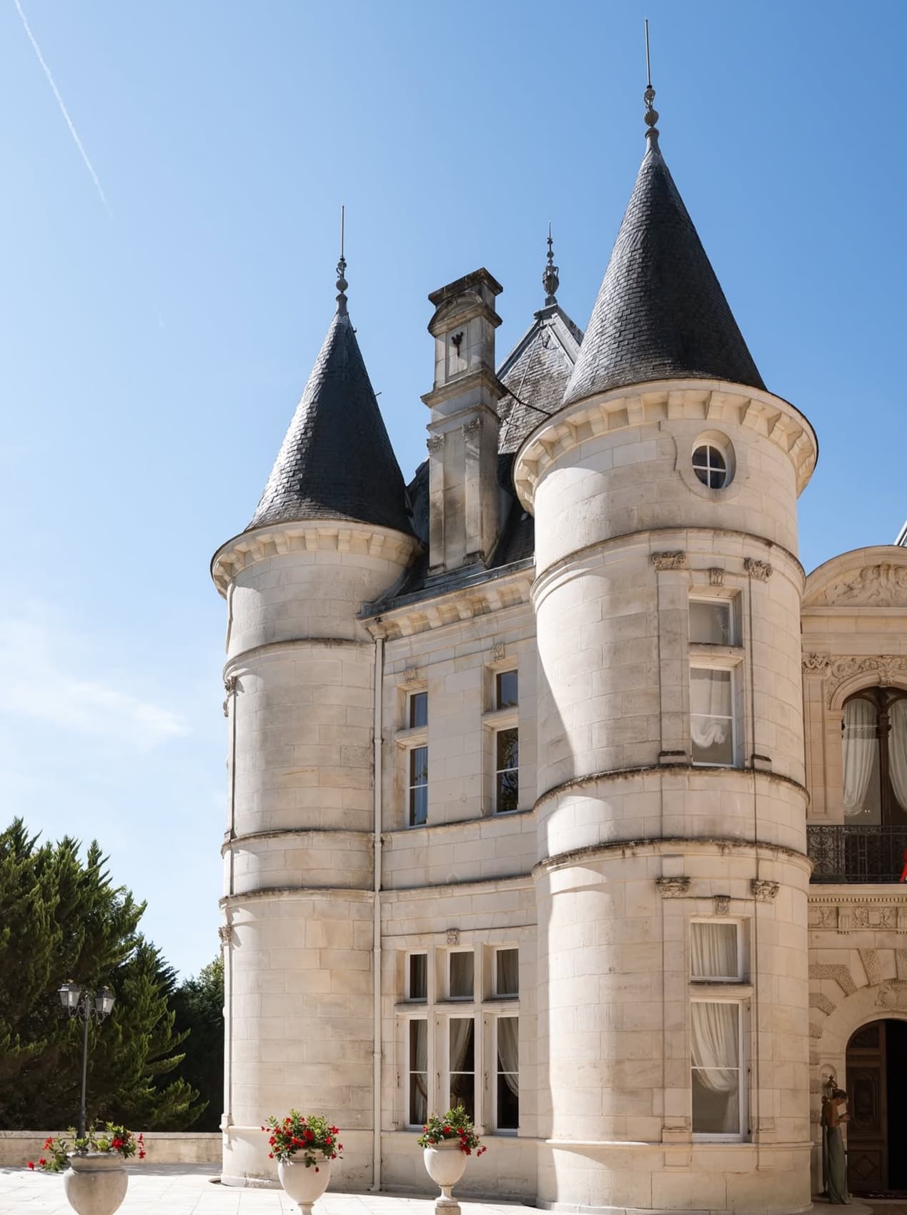 A turreted château facade